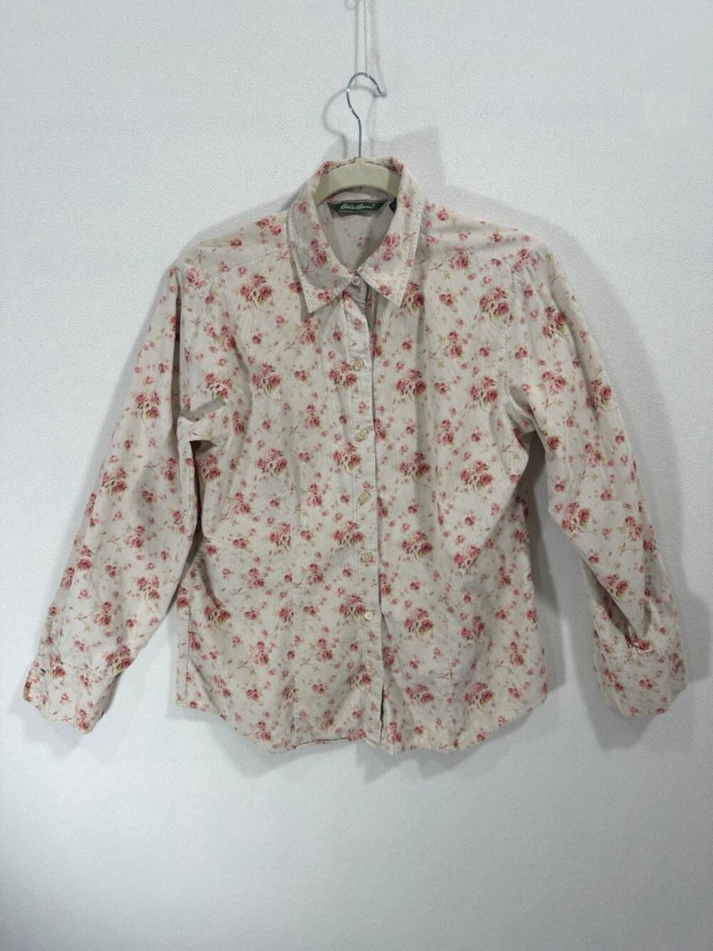 Eddie Bauer Pink Floral Cream Button Up Long Sleeve 100% Cotton S